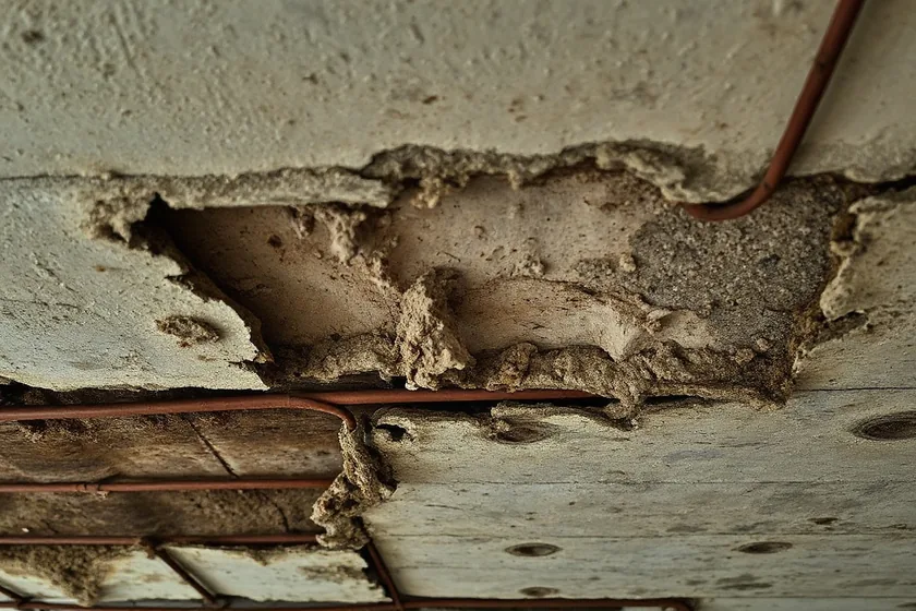 Laje com concreto desplacado e ferragem corroída antes da recuperação estrutural