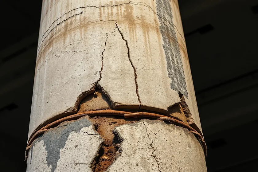 Pilar de concreto com armadura exposta e corroída antes da recuperação estrutural
