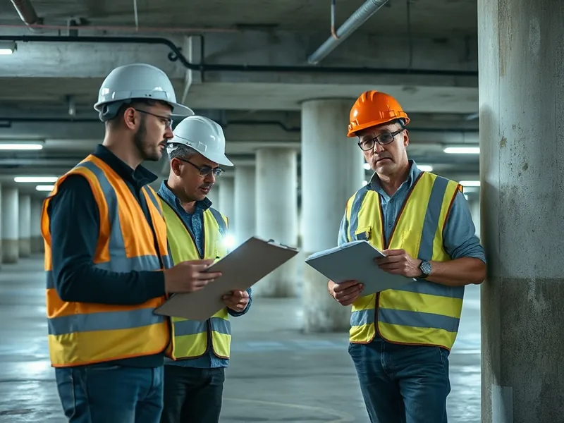 Engenheiros inspecionando pilares no subsolo de edifício em São Paulo