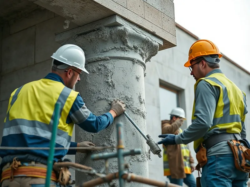 Aplicação de argamassa de reparo em pilar de concreto danificado