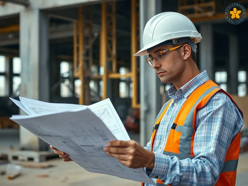 Engenheiro analisando laudo técnico e plantas de estrutura em obra